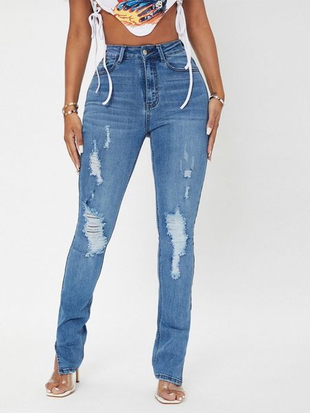 

sxy high waist ripped split hem jeans p83n#, Blue