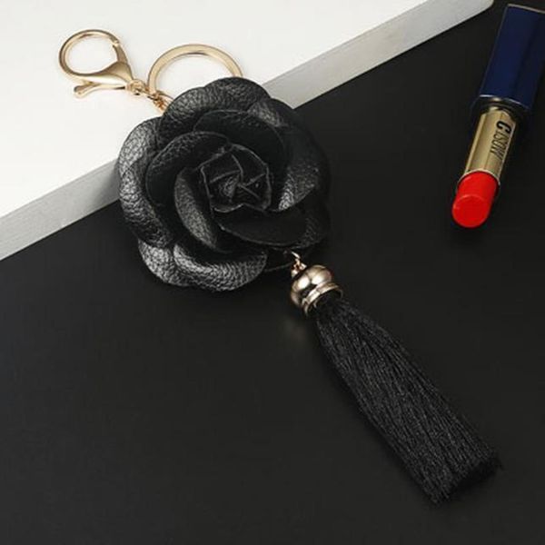

new arrival camellia leather flower with tassel key chain golden fashion key ring women bag pendant car keychain eh883 h qyltkl