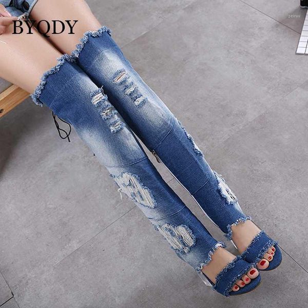 

boots byqdy gladiator summer women over the knee casual thick heels shoes lace up roman denim blue shoes1, Black
