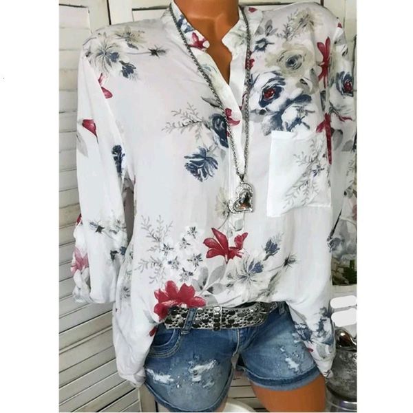 

5xl autumn women chiffon blouses casual flower print long sleeve stand neck ol blouses shirts blusas feminina plus size, White