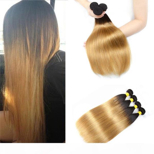 

brazilian ombre blonde straight human hair 3 4 bundles colored brazilian 1b 27# blonde straight virgin hair vendors weave extensions, Black