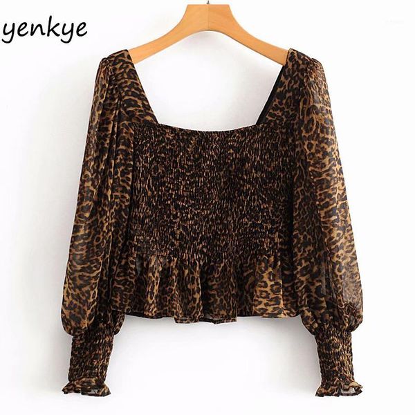 

vintage leopard women semi-sheer long sleeve square neck elastic crop summer chiffon aazz96381, White