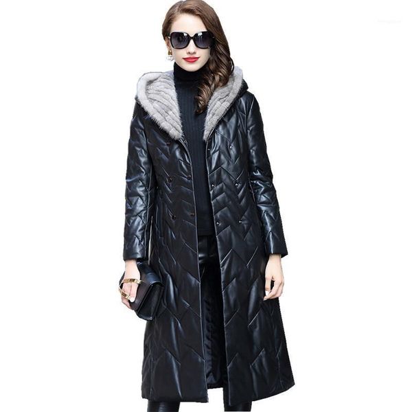 

2020 genuine leather jacket real sheepskin coat natural knitted hooded long women's down jackets hq18-cjx0095b1, Black