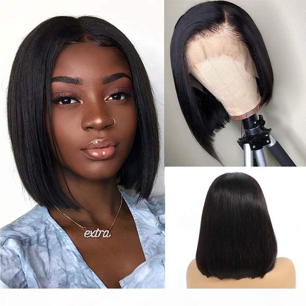 

8-16inch 13x6 lace front human hair wigs straight short bob wig natural black brazilian remy human hair lace wig, Black;brown