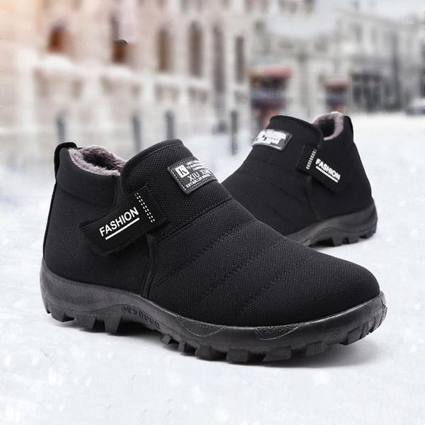 

boots warm plush men shoes winter snow with fur inside casual ankle slip-on loafer bottom cotton for father1, Black