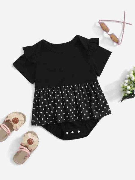 

baby polka dot ruffle trim peplum waist bodysuit she, Blue