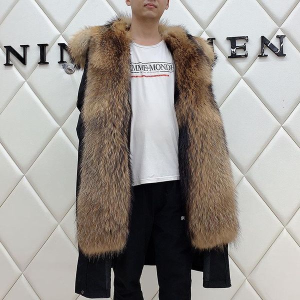 

2020 new mens parkas winter jacket real racoon fur collar muskrat fur lined coat long hooded warm outwear, Black