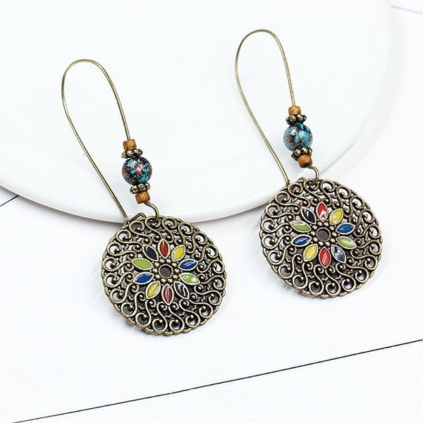 

hoop & huggie vintage bronze hollow round pendant earrings for women ethnic bohemia beads flower drop ear cuff hoop1, Golden;silver