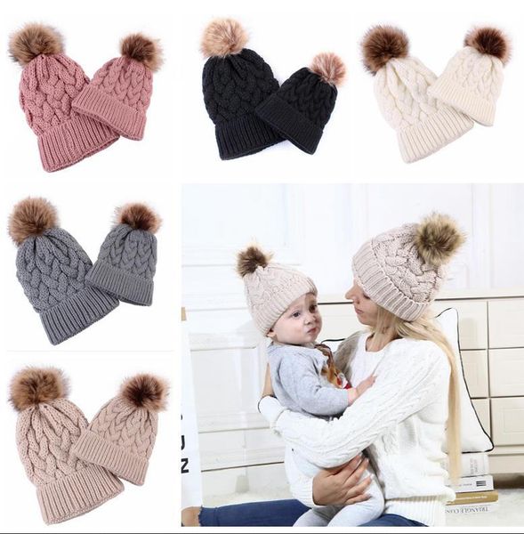 

2pcs mother & baby hat parent-child hat family matching cap winter warmer knit wool beanie ski cap, Blue;gray