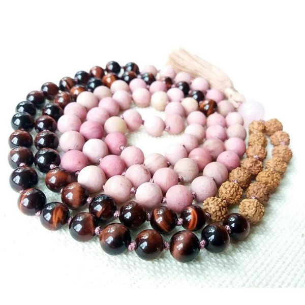 

8mm matte rhodonite red tiger eye and rudraksha seeds mala necklace 108 mala beads knotted tassel necklace meditation jewelry, Silver
