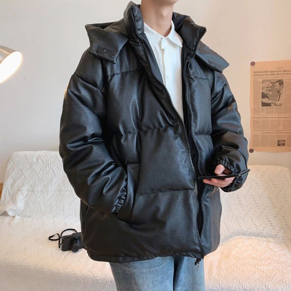 

winter thick leather jacket men's warm fashion casual hooded leather coat men parka streetwear loose short coat mens clothes, Black