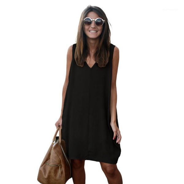 

wholesale- novelty fashion sleeveless tank dresses high low hem loose casual summer dress v neck asymmetric shift loose women clothing1, White;black