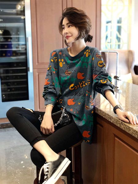 

fashion printed sweater women's long sleeve thin round neck foreign style loose korean version spring and autumn 2020 new, Black