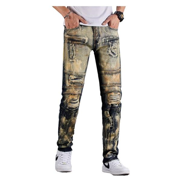 

men's jeans vintage holes ripped biker patchwork destroyed washed stretch denim pants slim trousers, Blue