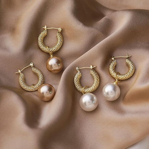 

hoop & huggie thick gold color hoops imitation pearl drop earrings for women fashion design clip on 2021 christmas jewelry ms05, Golden;silver