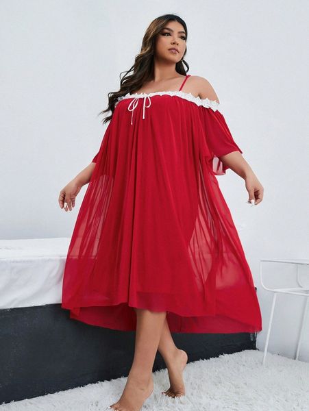 

plus cold shoulder guipure lace trim nightdress r8co#, Black;white