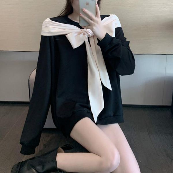 

sweet girl french renaissance gentle vintage fairy sweatshirt large bow collar elegant offiec lady puff sleeve harajuku hoodie1, Black