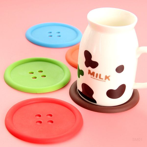 

10pcs creative 6 colors round soft rubber cup mat lovely button shape silicone coasters household tableware placemat