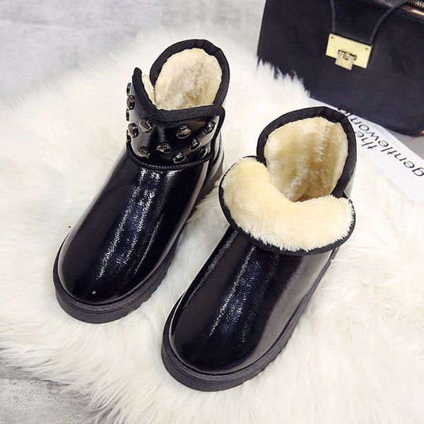 

pure color ladies snow boots pu rivet plush warm and waterproof women fashion new casual winter flat ankle boots, Black