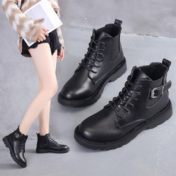 

boots buckle strap women british style round toe thick heel student lace-up single boot pu leather shoes woman chaussures femme1, Black