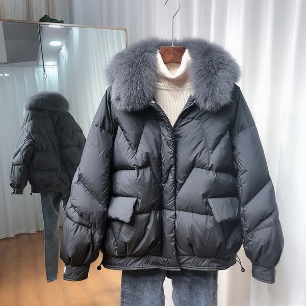 

2021 real foxskin collar new women's winter 90% white down female short puffer warm parka jacket loose outwear muc8, Black
