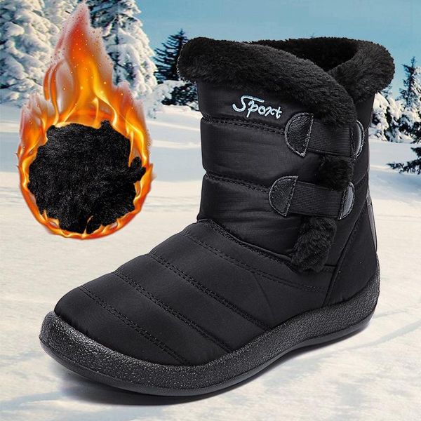 

winter women snow boots plush warm striped med heel ankle boots casual ladies short slip on flats shoes, Black