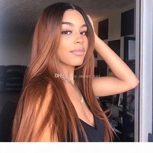 

ombre t1b 30 silky straight full lace wig pre plucked bleached knots brazilian virgin human hair lace front wig 150% density, Black;brown