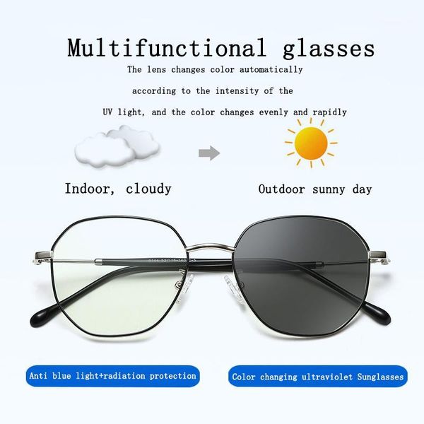 

2020 new rmm polygon anti blue light discolored sunglasses metal eyeglasses for men women multi-function pchromic glasses1, White;black