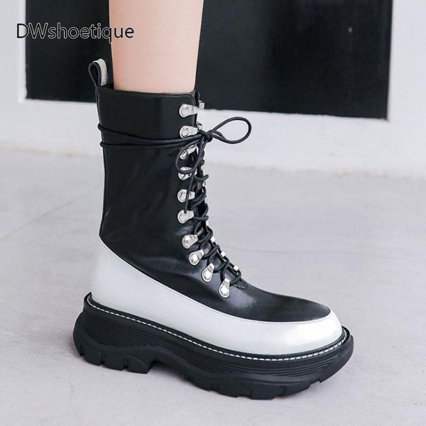 

оригинальные кожаные сапоги женщин лодыжки зашнуровать высокие платформы женщина мартеновских сапог, Black