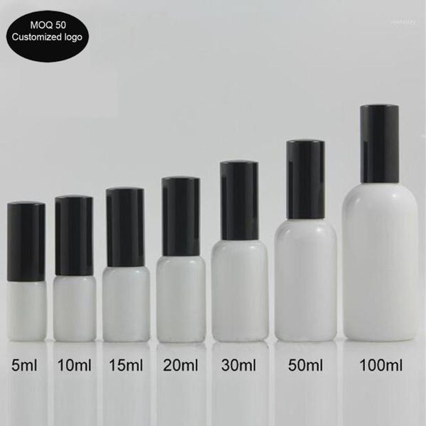 

storage bottles & jars 50pcs/lot 5ml 10ml 15ml 20ml 30ml 50ml 100ml white jade glass bottle cosmetic lotion with black cap1