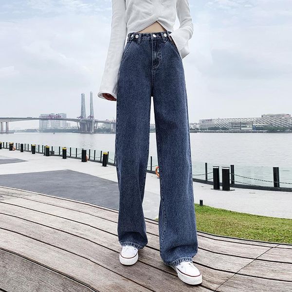 

women's jeans blue/black vintage woman high waist wide leg straight loose denim pants with button fashion harajuku all-match streetwear