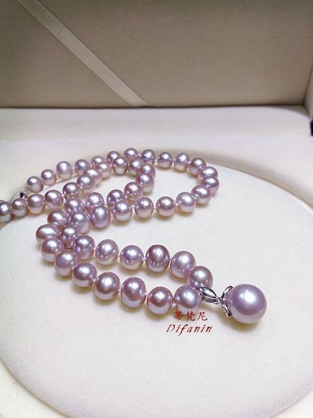 

9-10mm 100% genuine freshwater white purple pink pearl necklace 14mm pendant 925 silver clasp 18inch