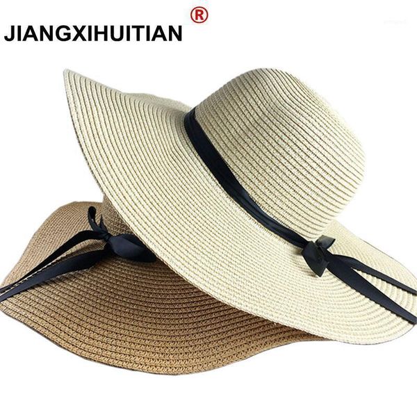 

wide brim hats summer for women chapeau femme sun hat beach panama straw large black ribbon bow visor bone female cap1, Blue;gray