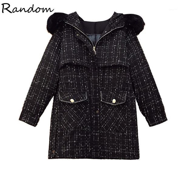 

plus size women 2021 winter warm black tweed jacket coats fur hooded collar outerwears vintage thick parkas coat oversized 1