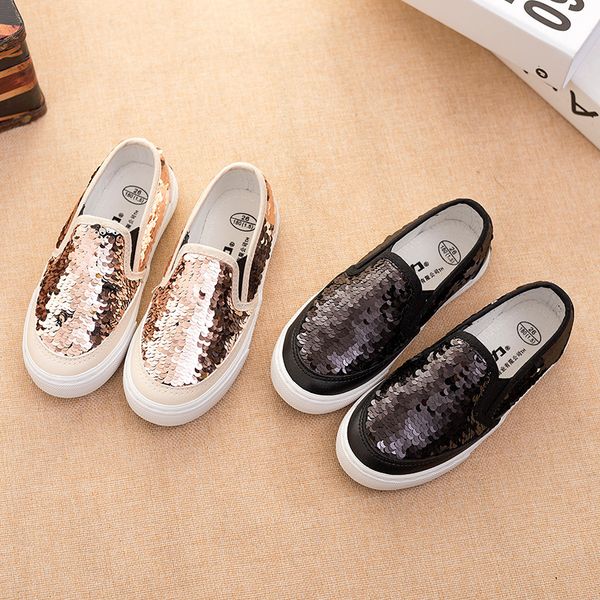 

sequins girls children sneakers kids solid color baby loafers students flats slip on gold black canvas shoes 23-37#