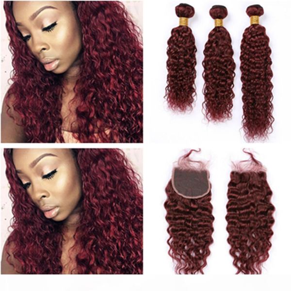 

wet and wavy human hair bundles and closure wine red weaves water wave 99j burgundy virgin brazilian hair wefts with lace closure 4x4, Black;brown