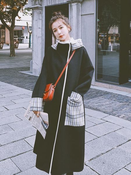 

woolen coat women's mid-length 2021 autumn and winter new korean style loose popular college style thick woolen coat trend, Black