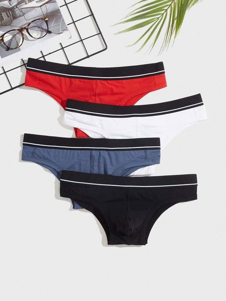 

men 4pcs contrast striped tape brief 735l#, Black;brown