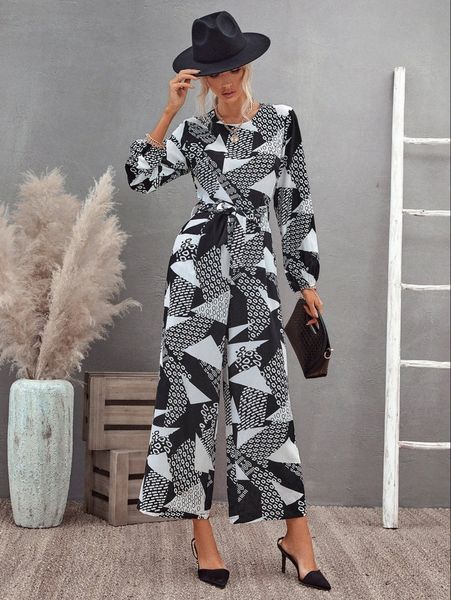 

geo print lantern sleeve wide leg jumpsuit u3se#, White