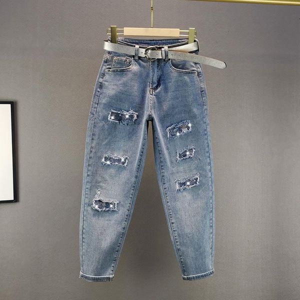 

ripped drilling jeans for women 2021 spring new high waist loose cropped harem denim pants students jeans woman streetwear jean, Blue