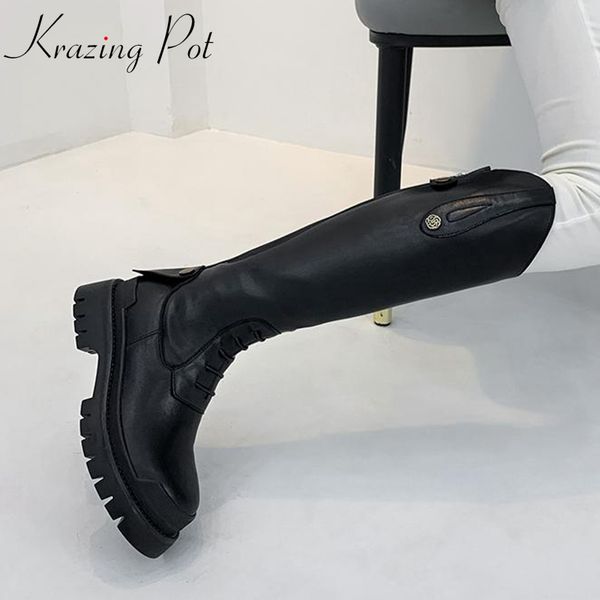 

krazing pot cow leather round toe med heel personalized design zipper winter shoes brand metal fasteners thigh high boots l6f1, Black