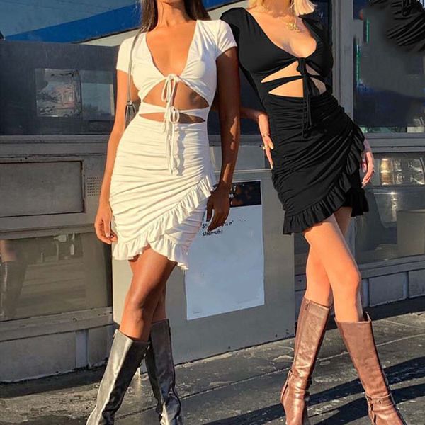

2020 summer tight dress women hollow out short party dress female bandage wrap dress ladies ruffles v-neck dresses bodycon, Black;gray