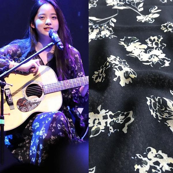 

spring and autumn shows new yellow flower print apparel fabric drawable handmade dress shirt fabric polyester printed fashion, Black;white
