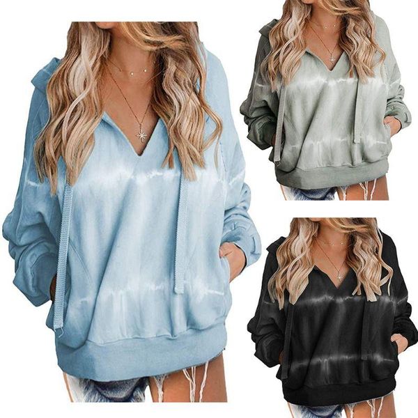 

women's hoodies & sweatshirts 2021 ladies v-neck fashion streetwear women long sleeve drawstring tie-dye stripe loose sweatshirt, Black