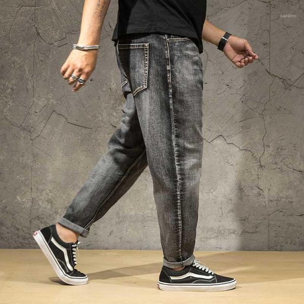 

plus size 44 46 new men's loose jeans classic style straight stretch denim trousers male brand pants gray large size ankle pants1, Blue