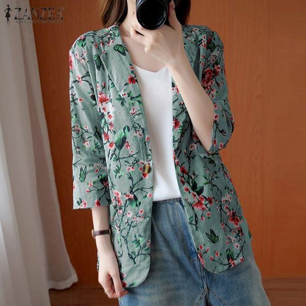 

zanzea autumn women stylish blazers summer bohemian floral printed blazerthin coats jackets plus size lapel neck outwear mujer, White;black