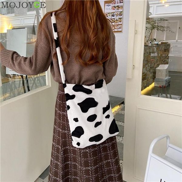 

fashion plush cow milk pattern messenger bag women winter fashion big capacity shoulder crossbody handbag satchel pouch