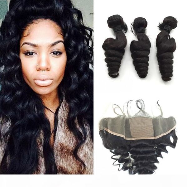 

ear to ear silk base frontal with bundles brazilian virgin human hair bundles loose wave with silk base frontal closure, Black