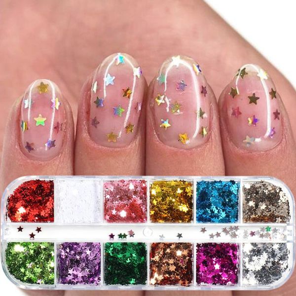 

nail glitter holographic star mirror powder sequins mixed color five-pointed 3d flakes nails art decoraciones manicure lecx, Silver;gold
