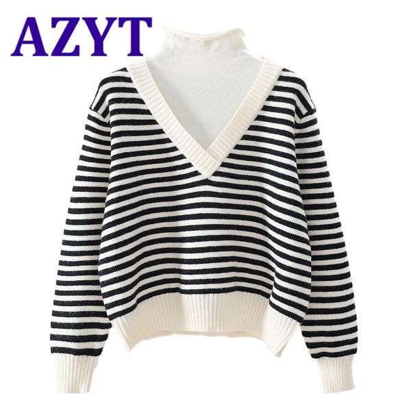 

azyt winter women turtleneck sweater pullovers fashion striped fake two-piece knitted jumpers elegant lady knitwear sweater 2021 h1211, White;black
